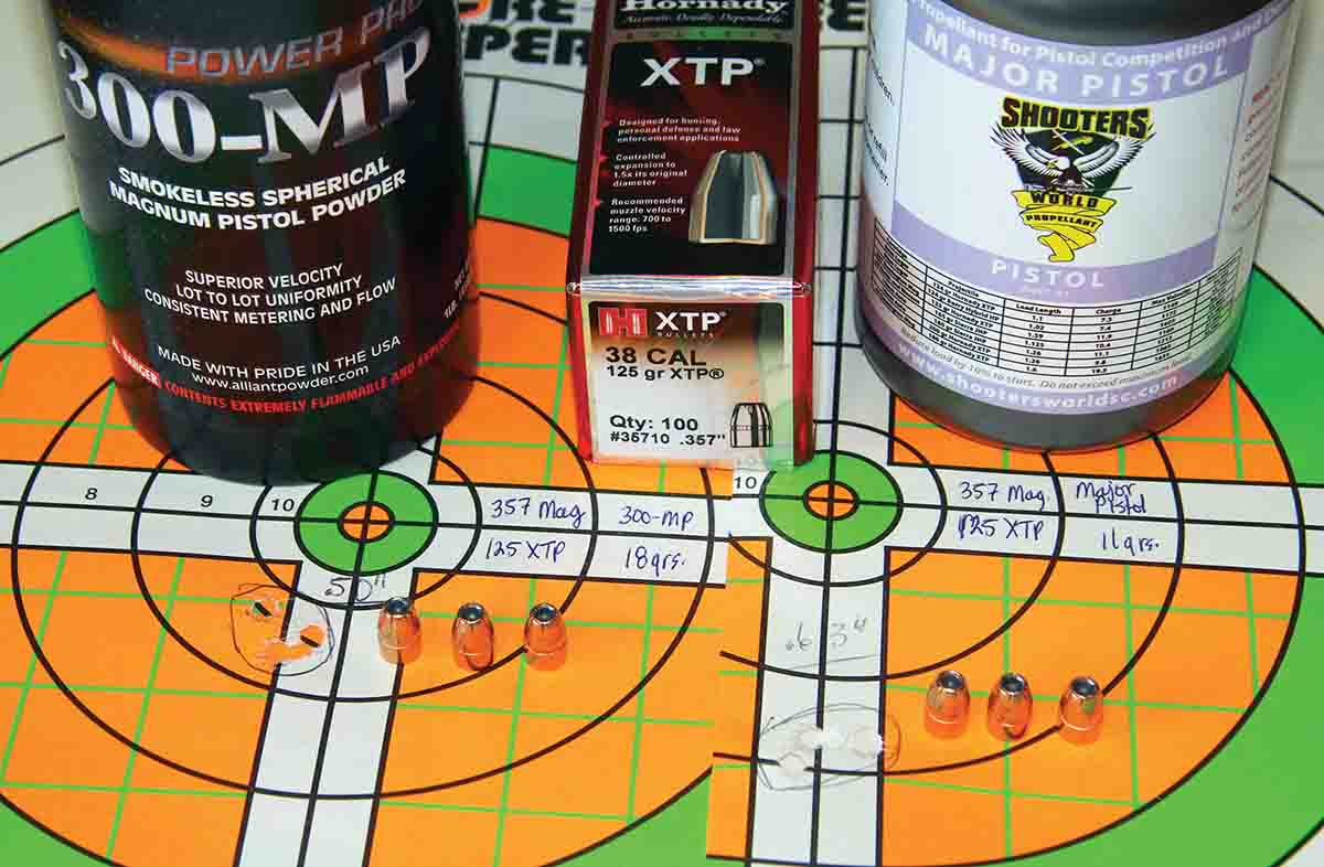 Hornady’s 125-grain XTP shot especially well from the 357 Magnum using 18 grains of Alliant Power Pro 300-MP (.50 inch at 1,150 fps) and 11 grains of Shooters World Major Pistol (.63 inch at 1,274 fps).